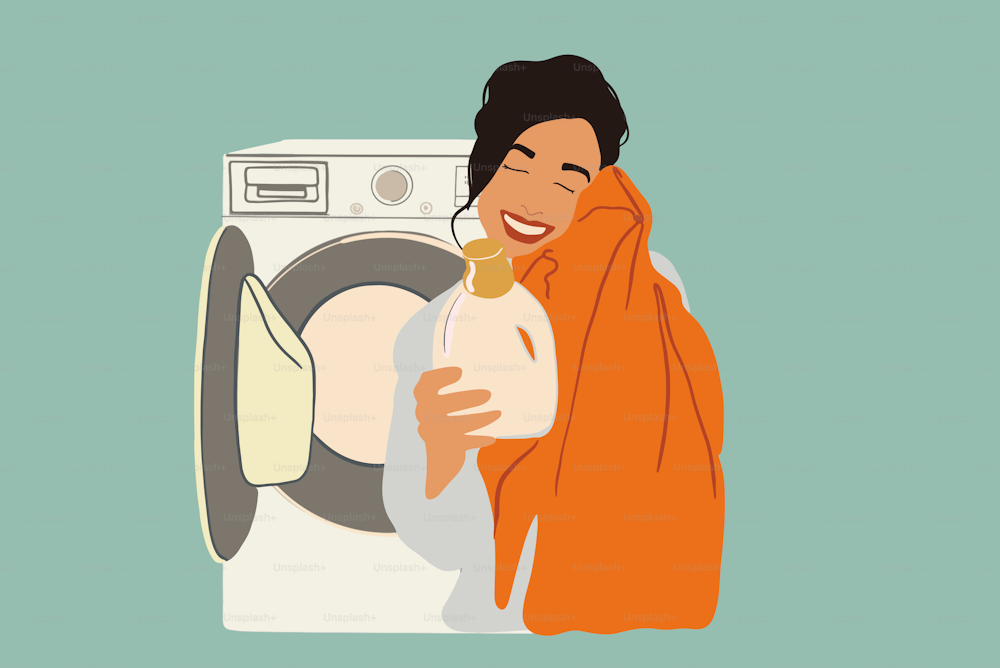 A pretty woman smiling and hugging a gentle scarf after softener and holding a bottle of detergent on washing machine background. Housewife doing routine. Flat style. Vector illustration