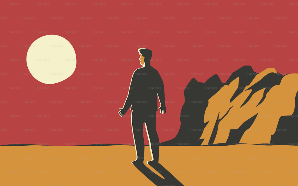 Vector illustration of a man alone looking at the sun or to the moon.