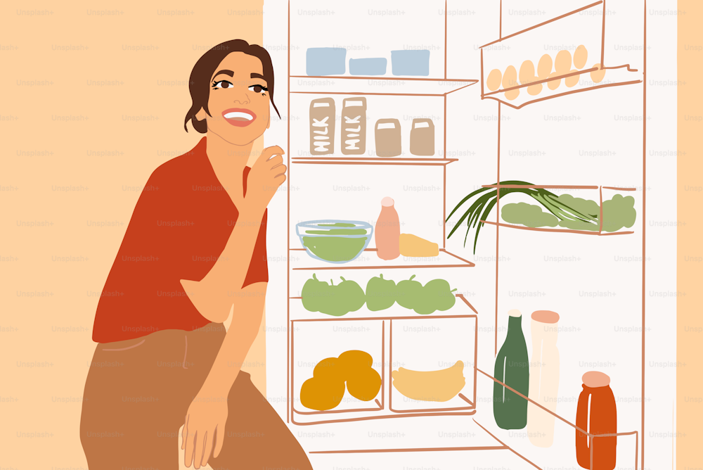 Illustration of a woman sitting on the kitchen table near the fridge full of fresh and healthy food at home. Vegetarianism, wellbeing and healthy lifestyle concept