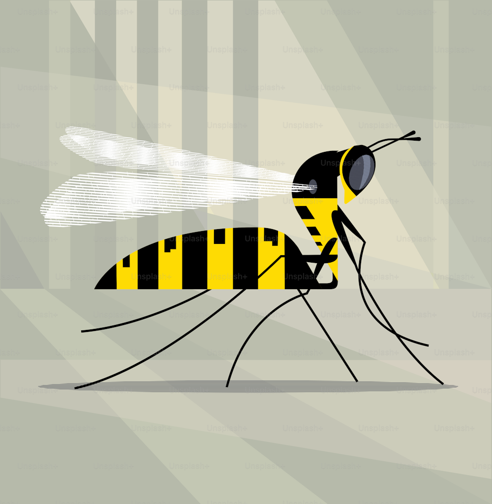 Gracefully curved wasp on a soft background of a sunny meadow, stylized image, vector illustration