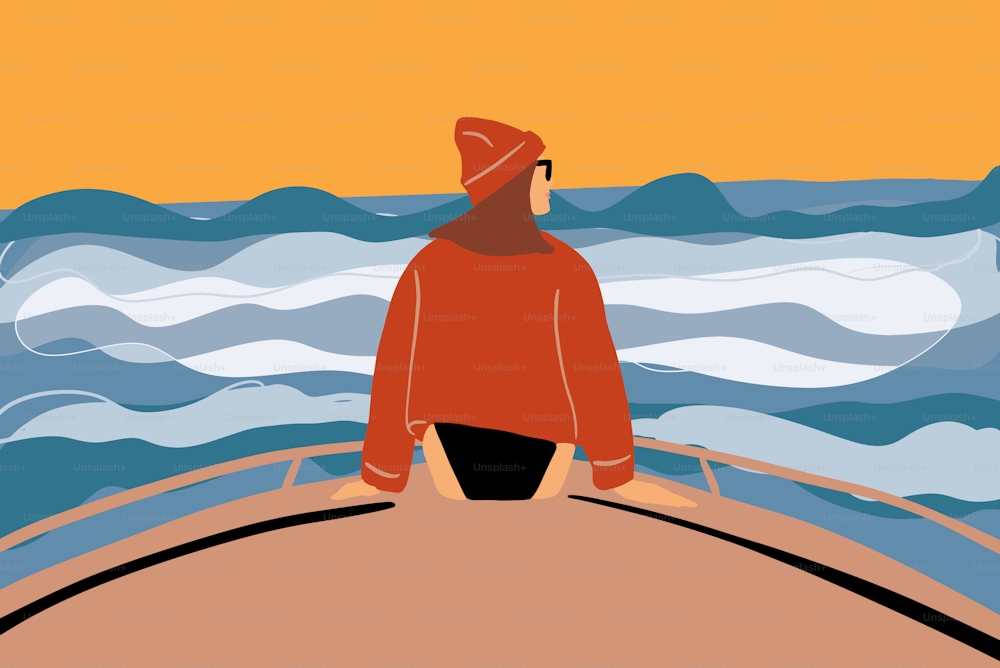 Female traveler sailing on a ship, enjoying beautiful wavy seascape. Concept of a travel and carefree lifestyle. Vector illustration in flat cartoon style