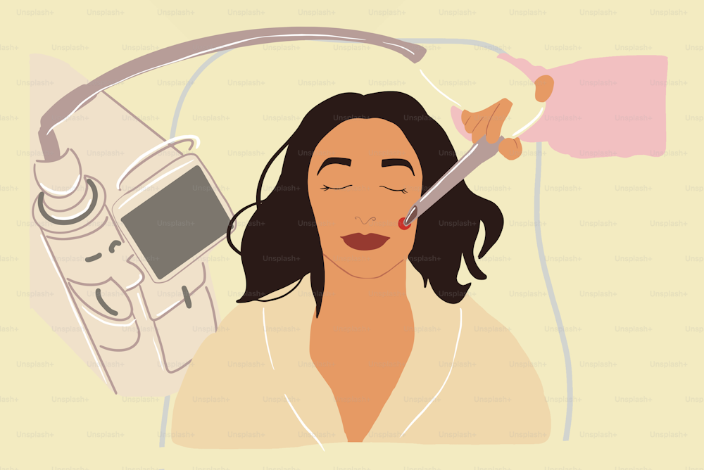 Beautiful woman lying on cosmetology chair doing a laser skin lifting on her face. Anti-age concept. Flat style in pastel tones. Vector illustration