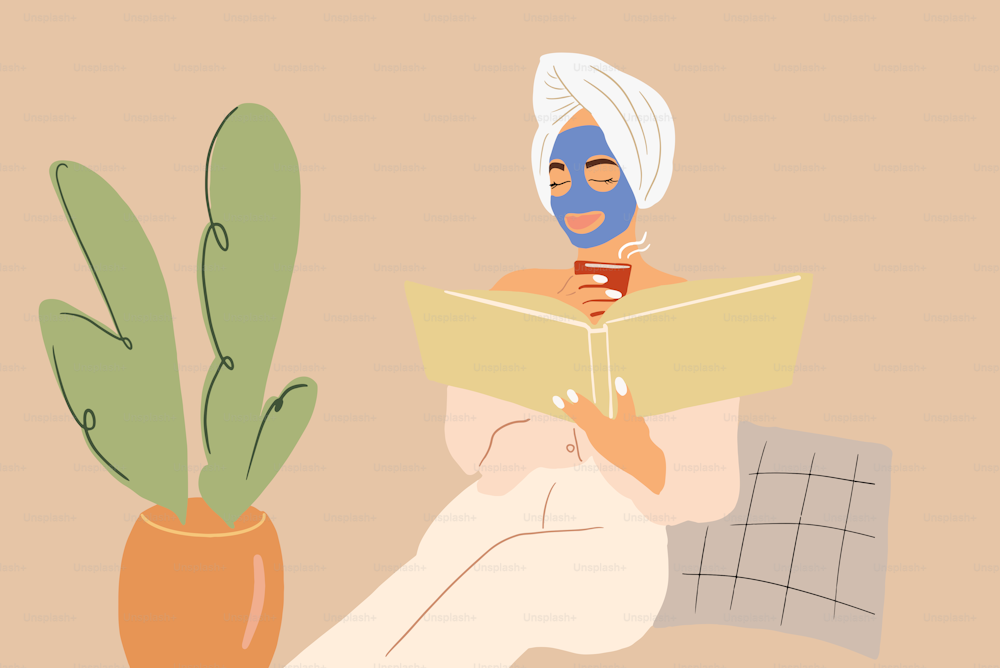 Mujer leyendo un libro durante unos tratamientos de belleza, aplicando mascarilla facial en casa. Ilustración vectorial en estilo plano de dibujos animados