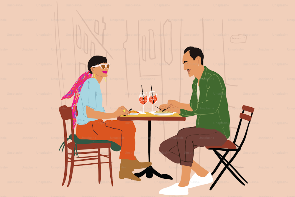 젊은 세련된 커플이 도시 거리의 레스토랑 테라스에 함께 앉아 점심을 먹고 있다. 여가 시간, 여행 및 라이프 스타일의 개념입니다. 벡터 그림
