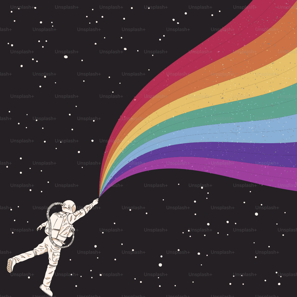 Kosmonaut mit Regenbogen in der Hand. Sterne im All