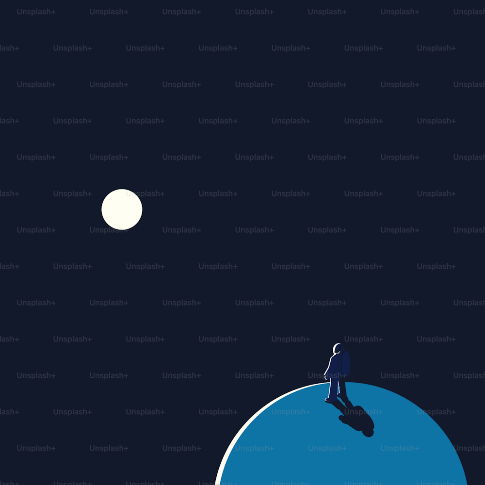The astronaut is looking into space at the sun or planet in a minimalistic style.