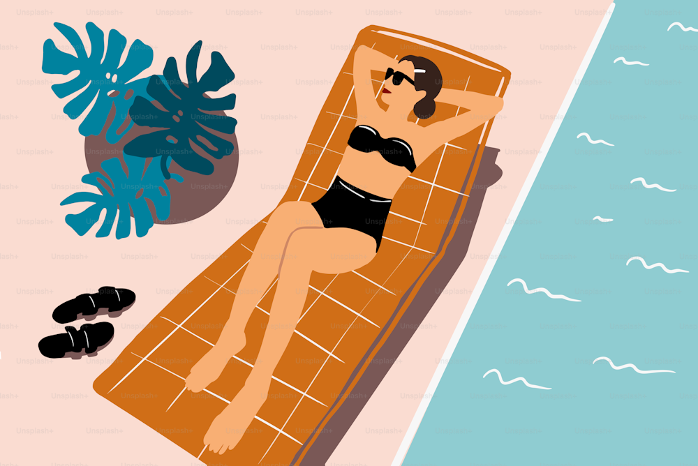 Ilustración vectorial en estilo plano de una hermosa mujer en traje de baño tomando el sol cerca de la piscina durante unas vacaciones de verano