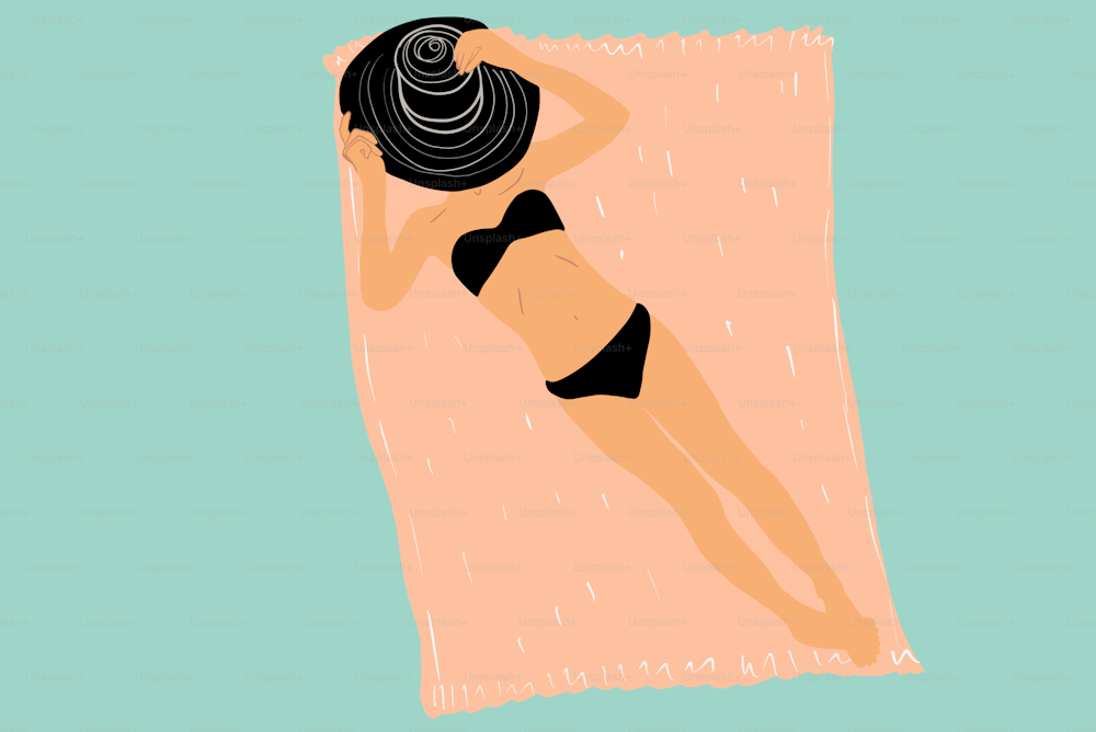 Ilustración vectorial de una hermosa mujer en traje de baño tomando el sol en una manta. Concepto de vacaciones de verano y bronceado