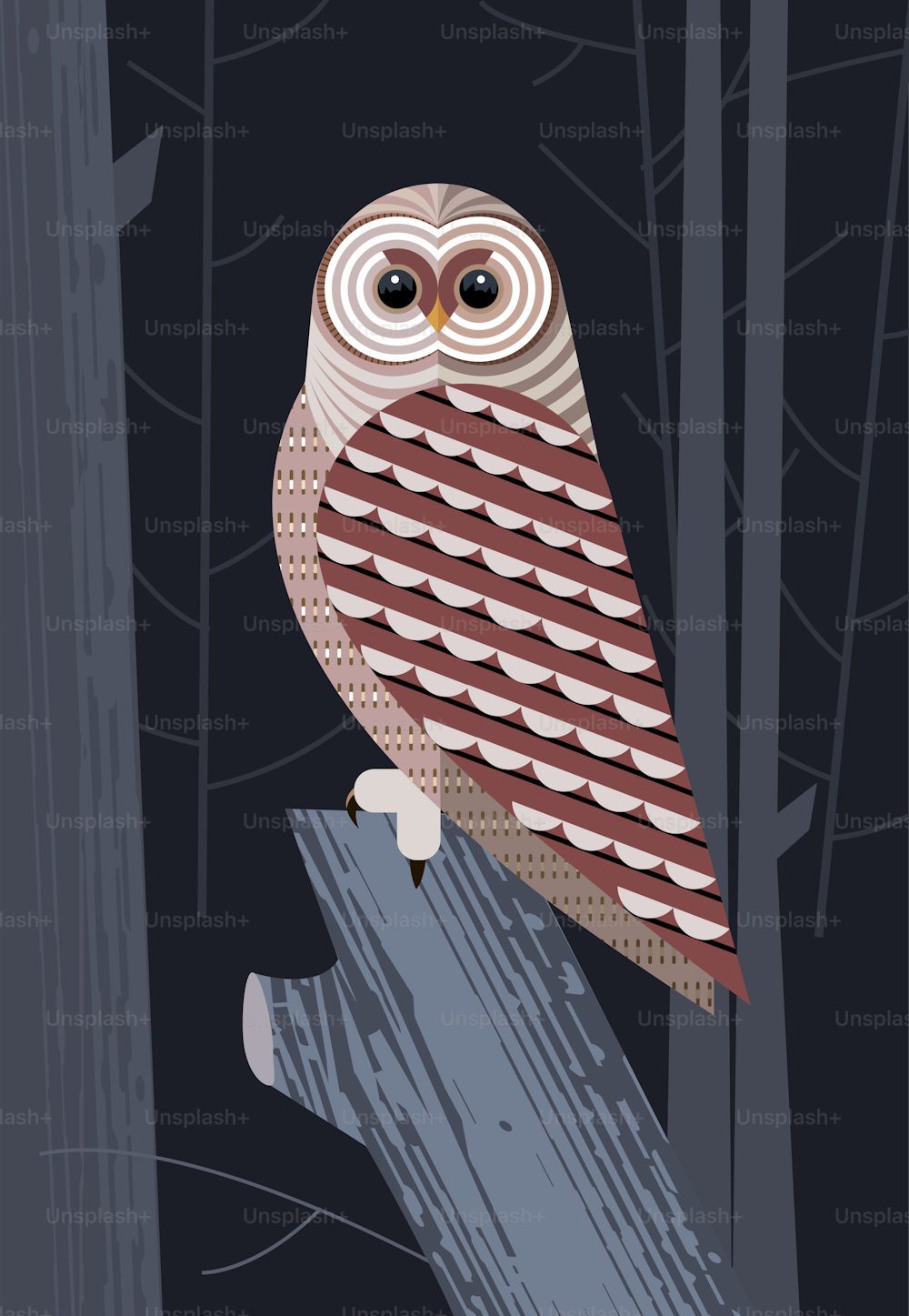 Motley owl before the hunt on night forest background
