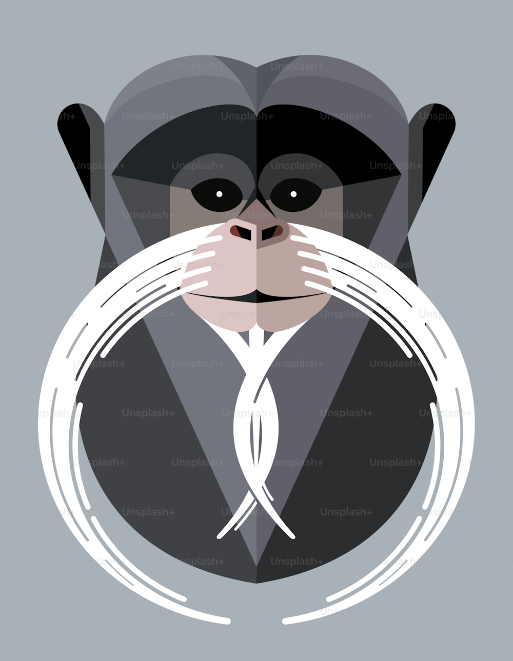Monkey head emperor tamarin on a gray background, stylized vector image