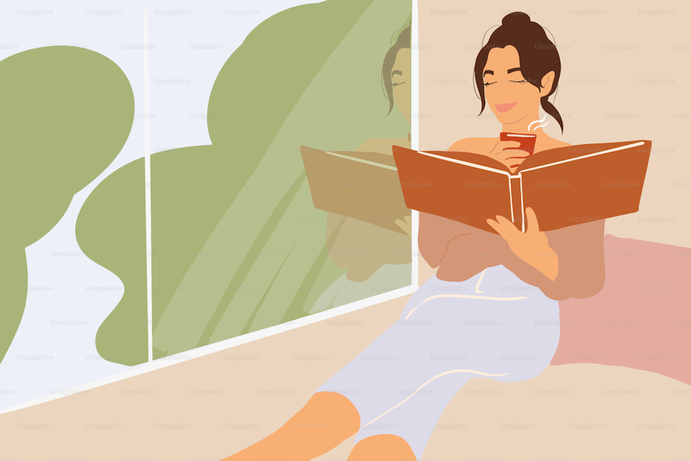 Mujer leyendo un libro mientras se relaja cerca de la ventana en casa. Ilustración vectorial en estilo plano de dibujos animados