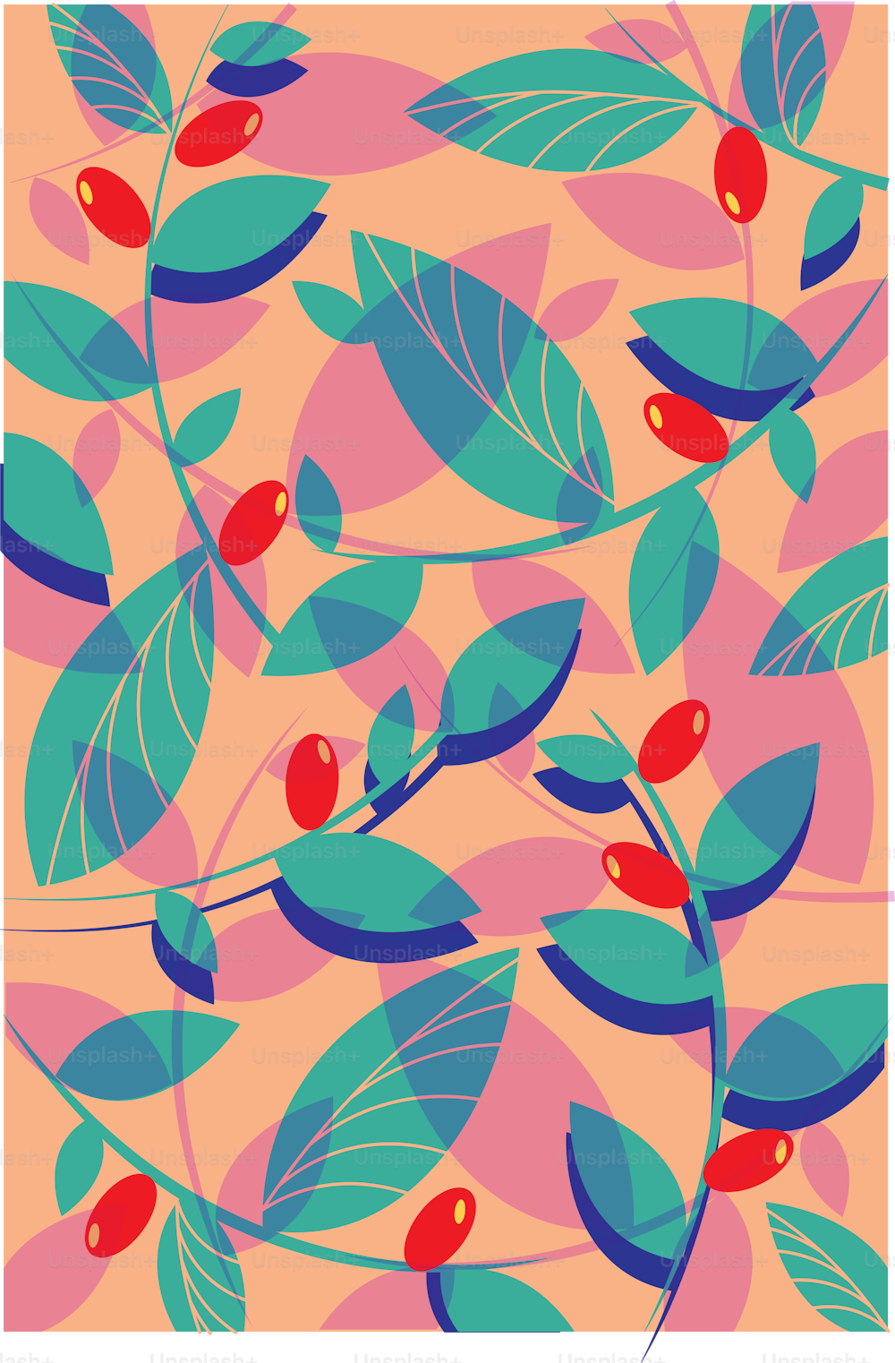 Multilayered floral pattern. Fashion style for fabric and textile. Flat design, bright colors. Summer, springtime. Vector illustration.