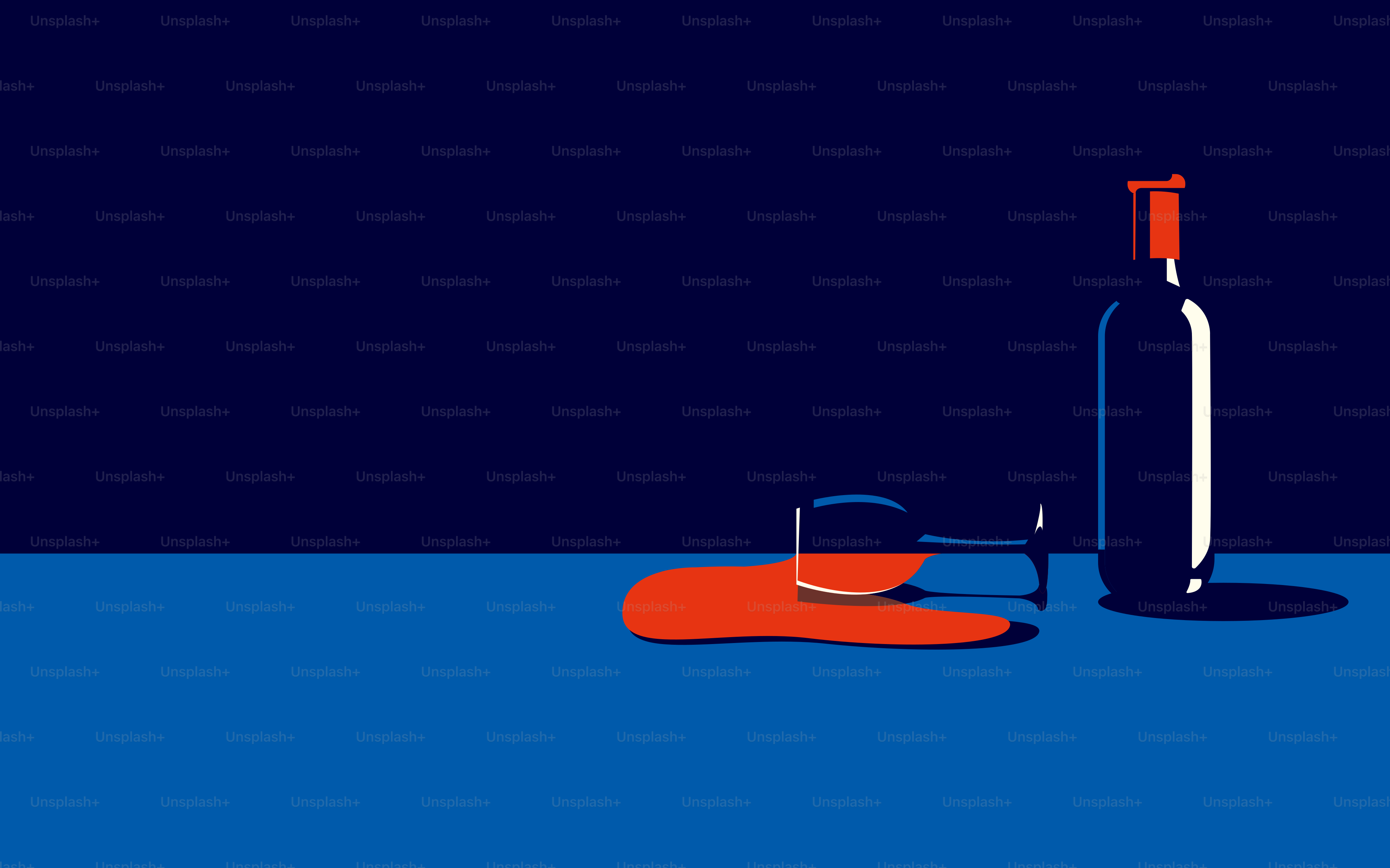 Vector illustration of a bottle of wine and a spilled glass with red wine next to it in a minimal style.
