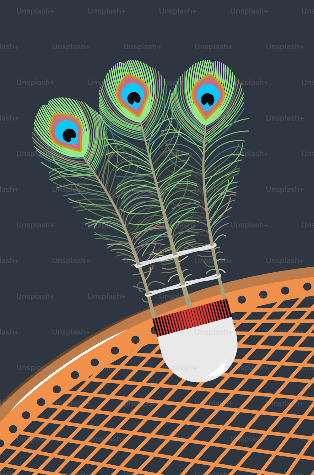 Volano metaforico da badminton con piume di pavone su sfondo blu scuro e battledore