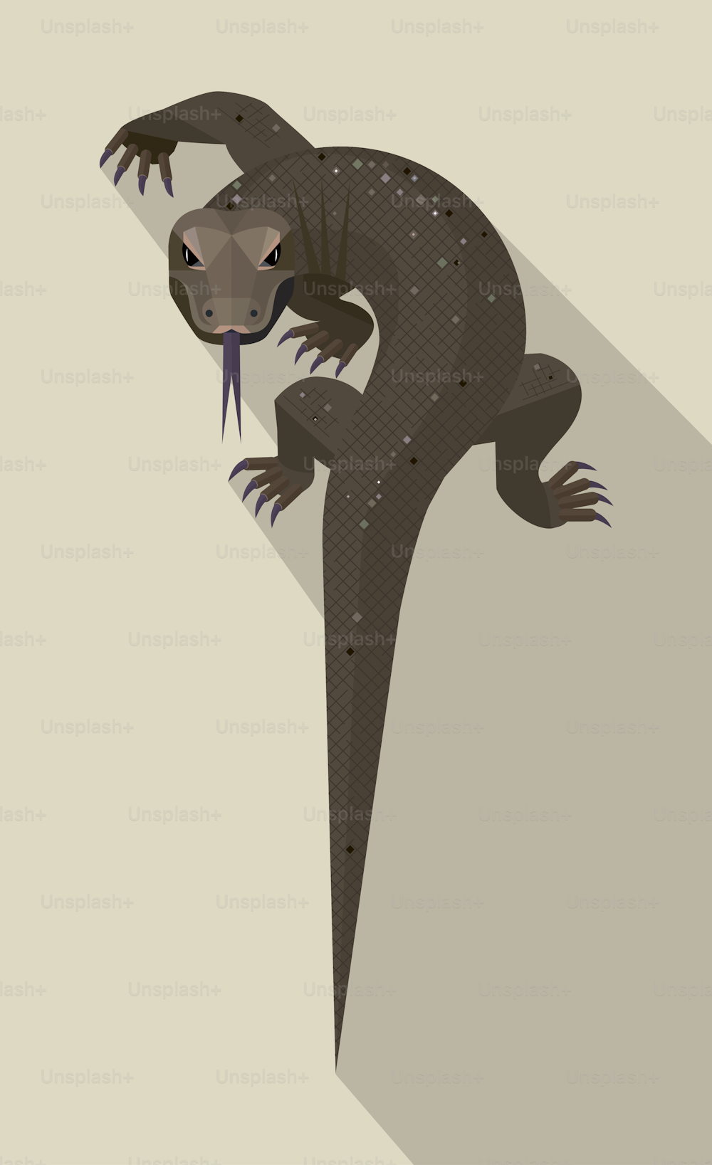 Varan, connu sous le nom de dragon de Komodo, dans une position agressive sur un fond sablonneux, image stylisée