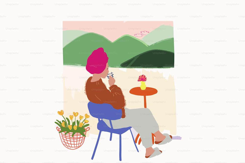 Mujer bebiendo té mientras está sentada en la terraza y disfruta de una hermosa vista de las montañas. Mujer desayunando en la naturaleza por la mañana. Ilustración vectorial