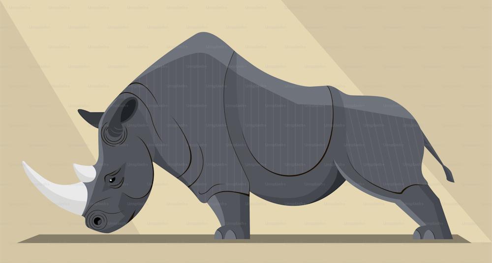 Black rhinoceros in a threatening position on a yellow background, vector