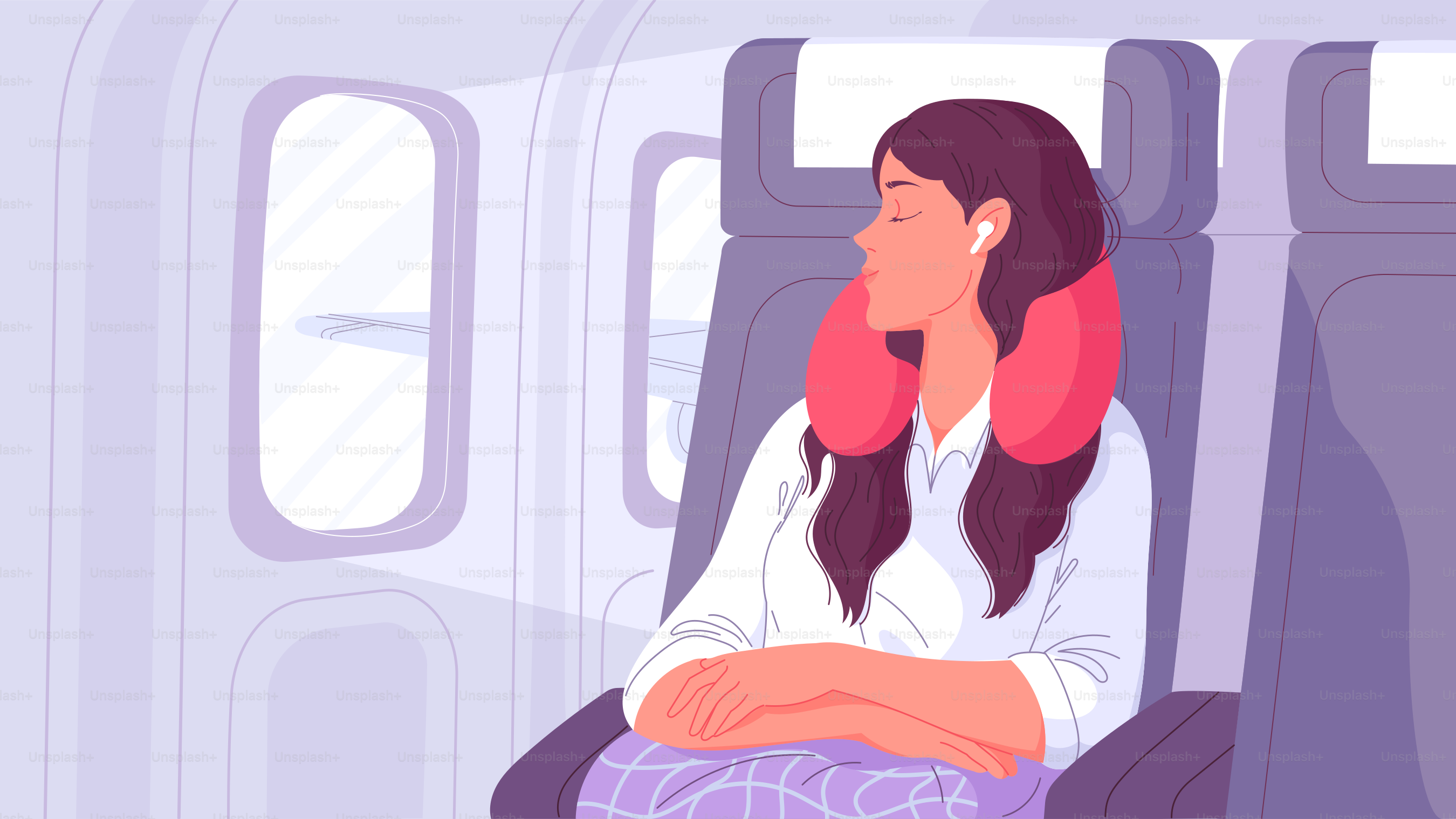 Woman sleep in flight with pillow around her neck in airplane seat.
