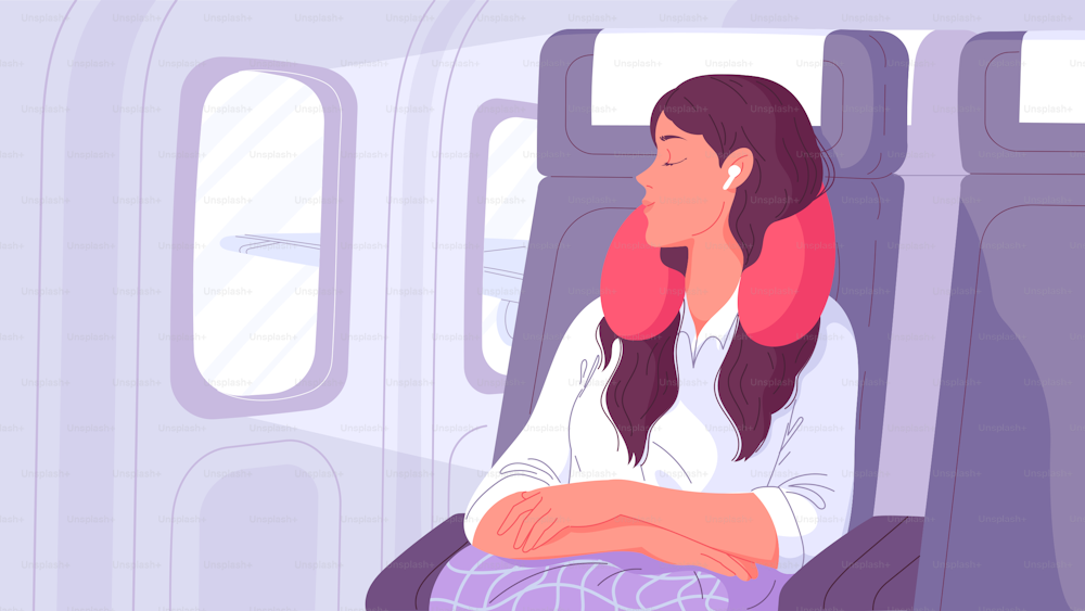 Woman sleep in flight with pillow around her neck in airplane seat.