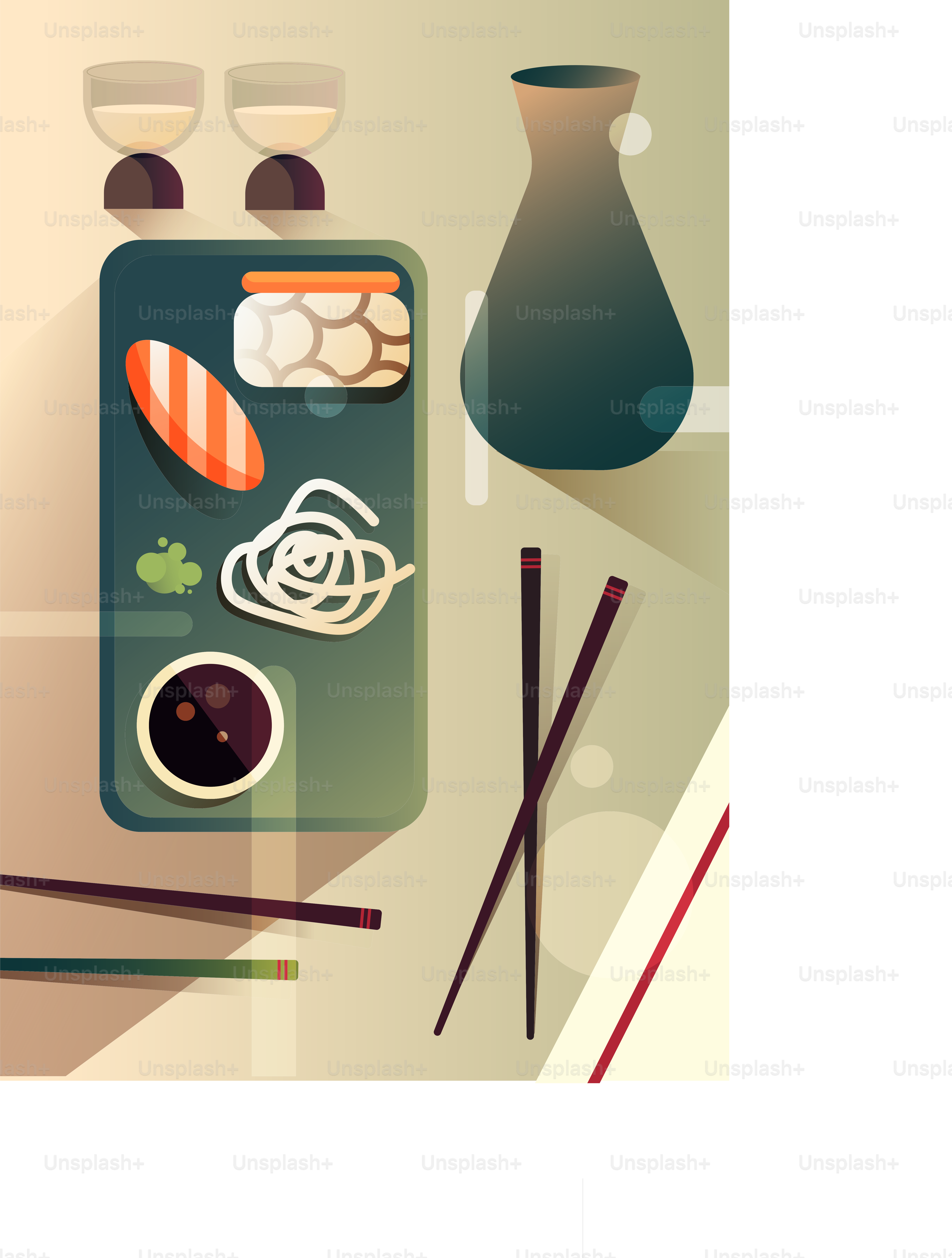 Illustration of Asian food on plate, dining table, vector illustration, Thai cuisine