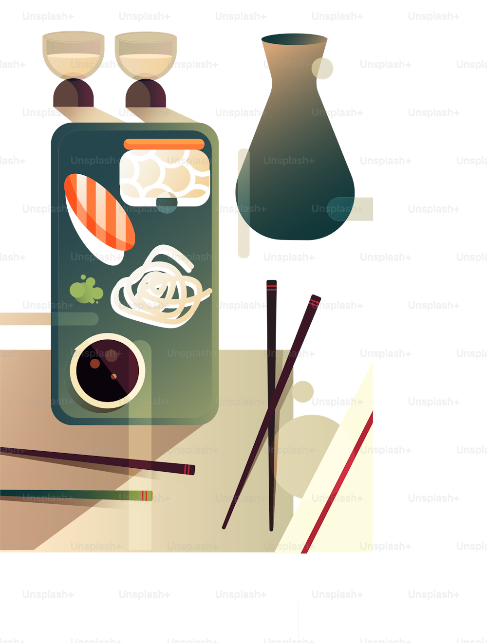 Illustration of Asian food on plate, dining table, vector illustration, Thai cuisine