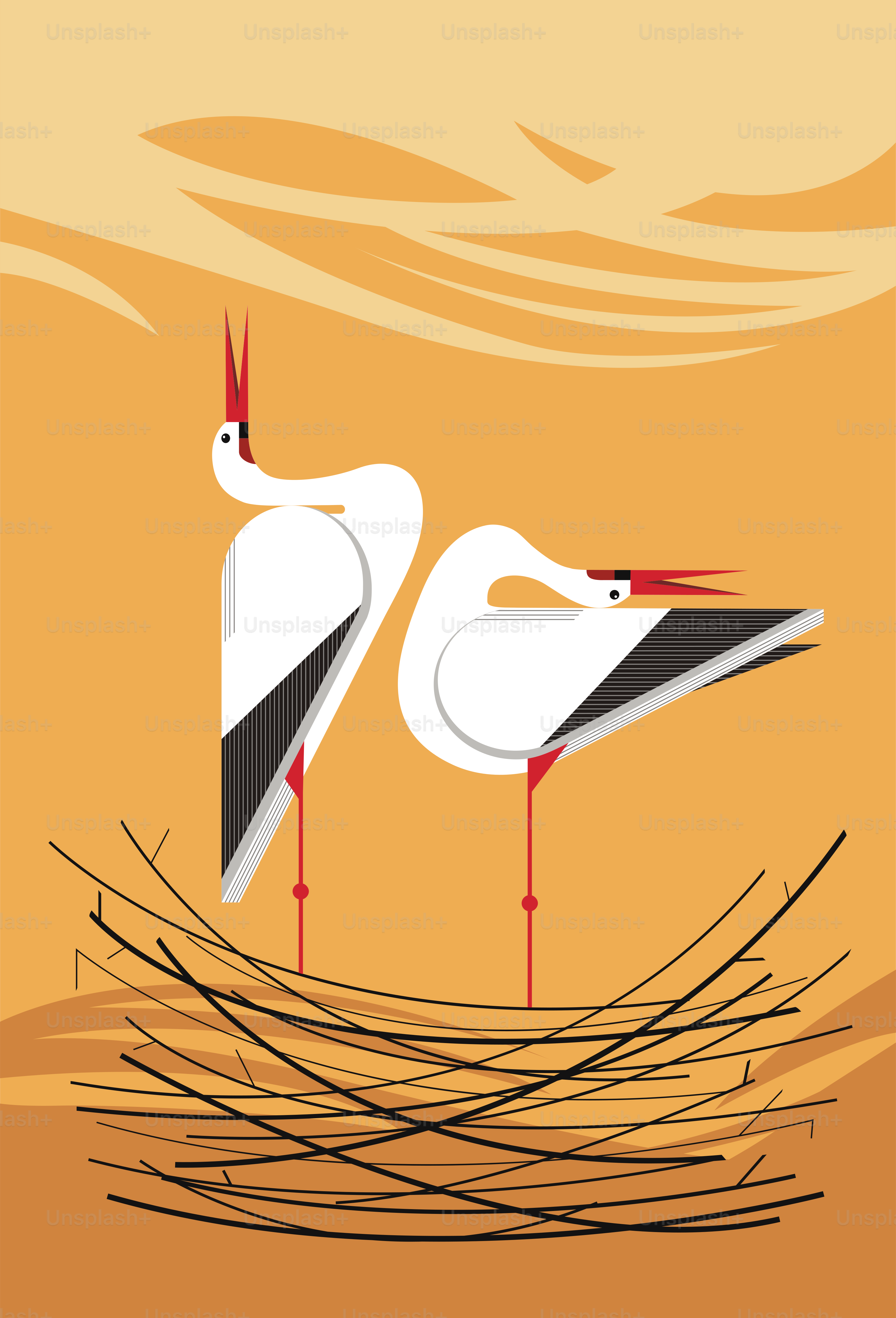 Love song of storks in the nest, minimalistic image