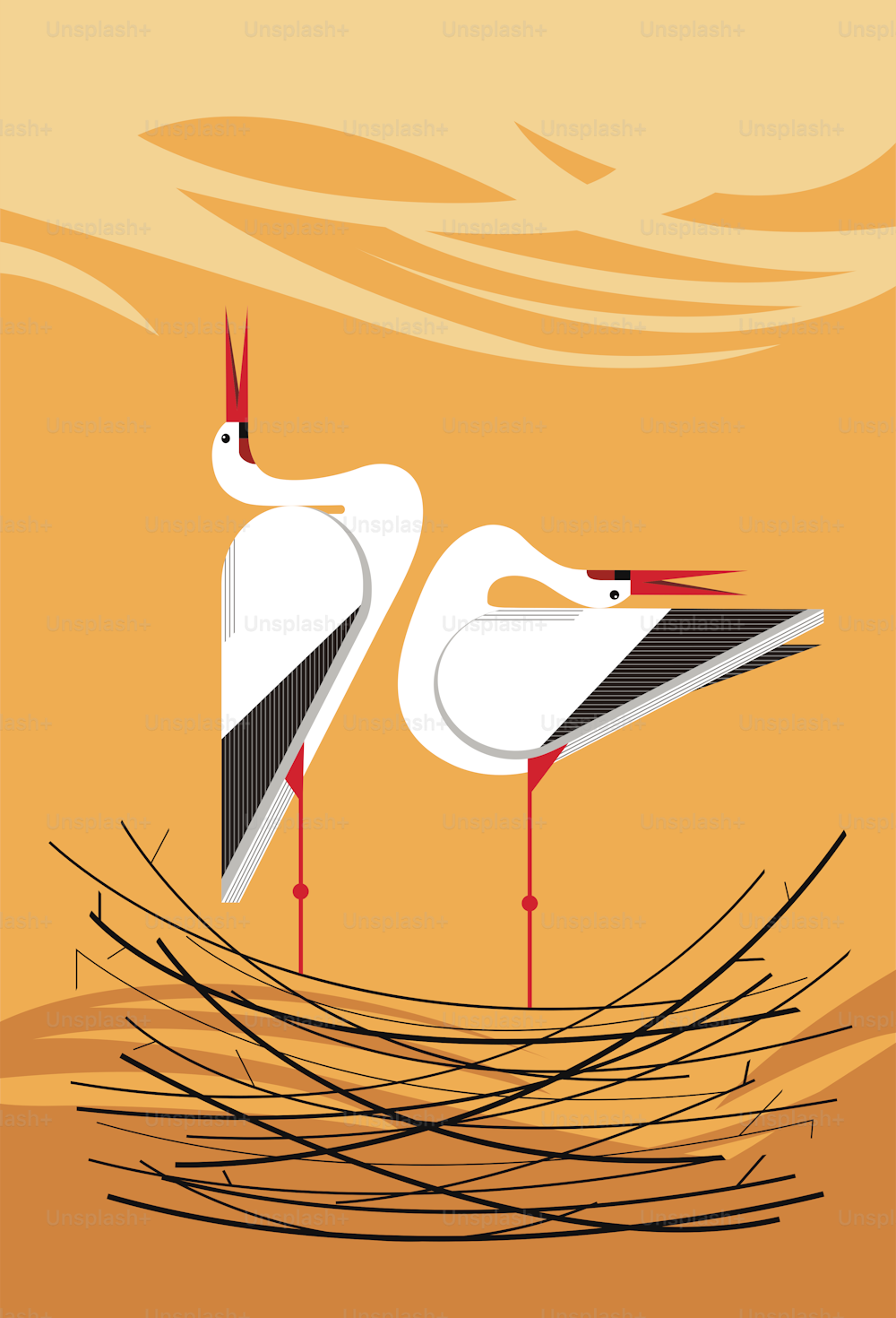 Love song of storks in the nest, minimalistic image