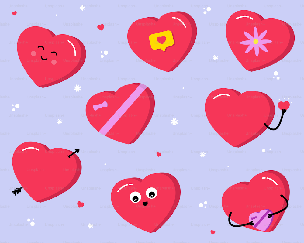 a bunch of heart shaped objects with faces