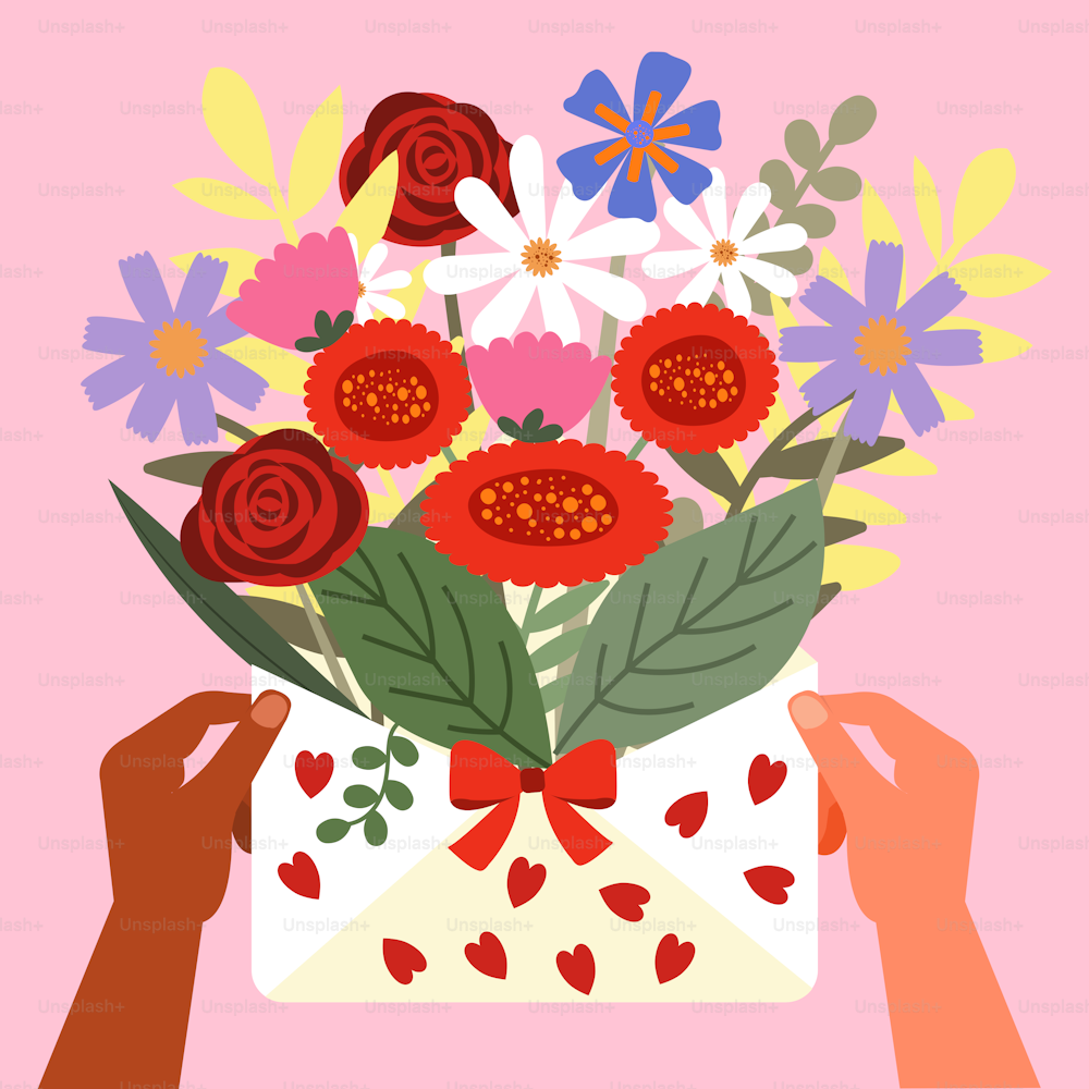 a person holding a bouquet of flowers on a pink background