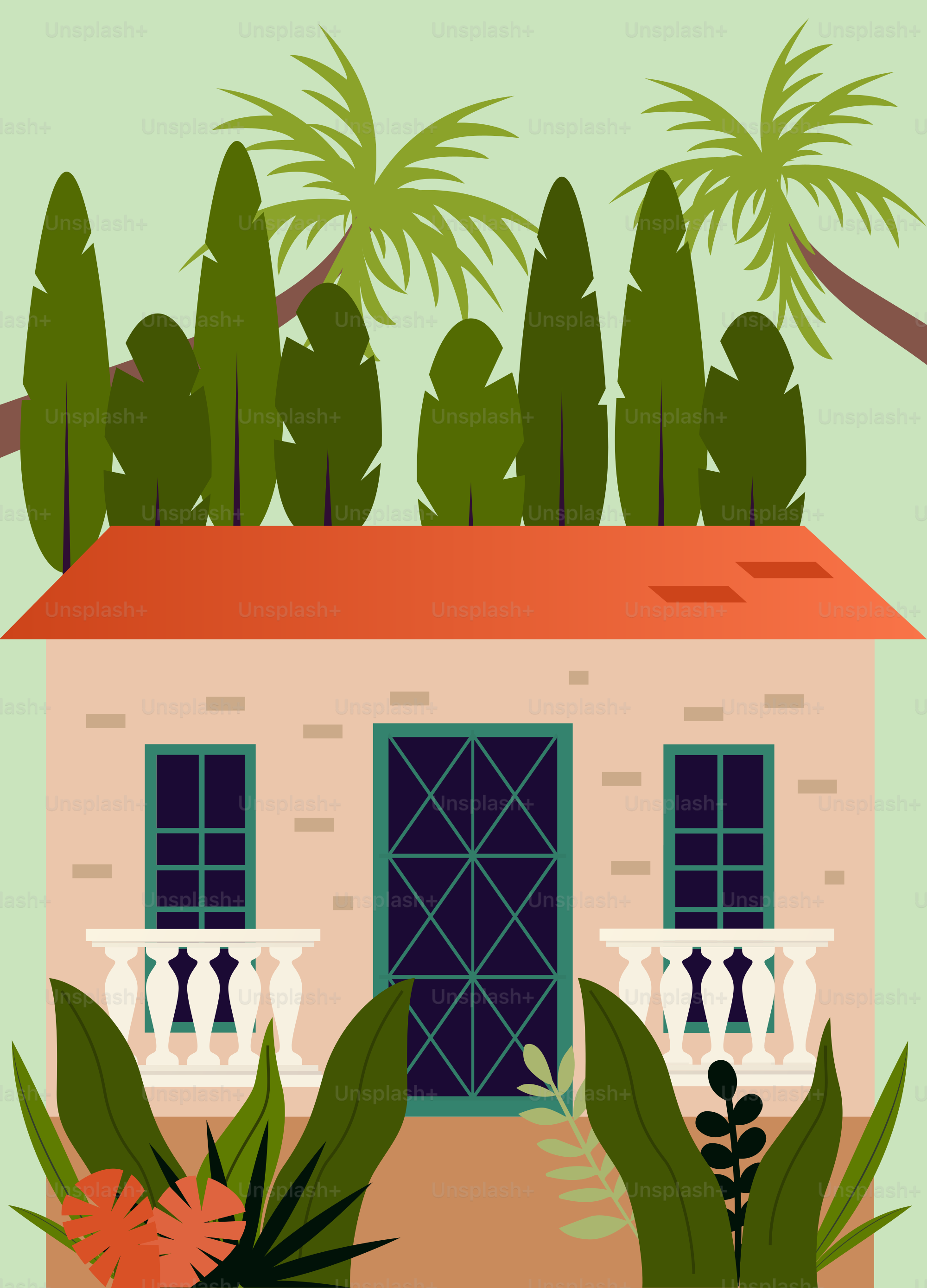 a house with a red roof surrounded by trees