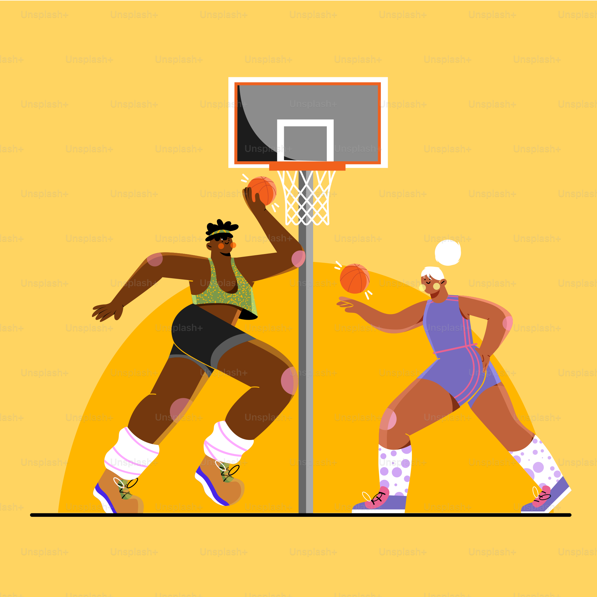 a couple of people that are standing in front of a basketball hoop