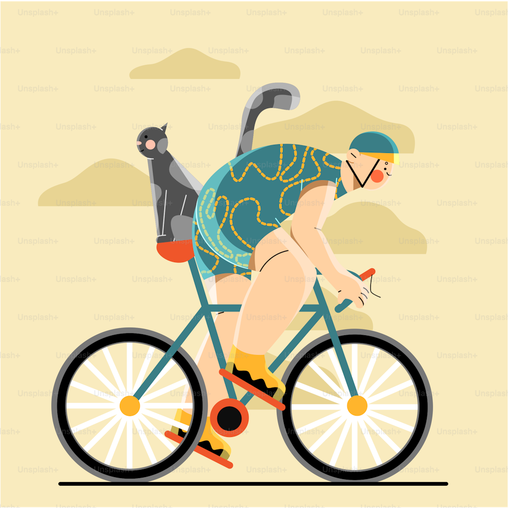 una donna in sella a una bicicletta con un gatto sulla schiena