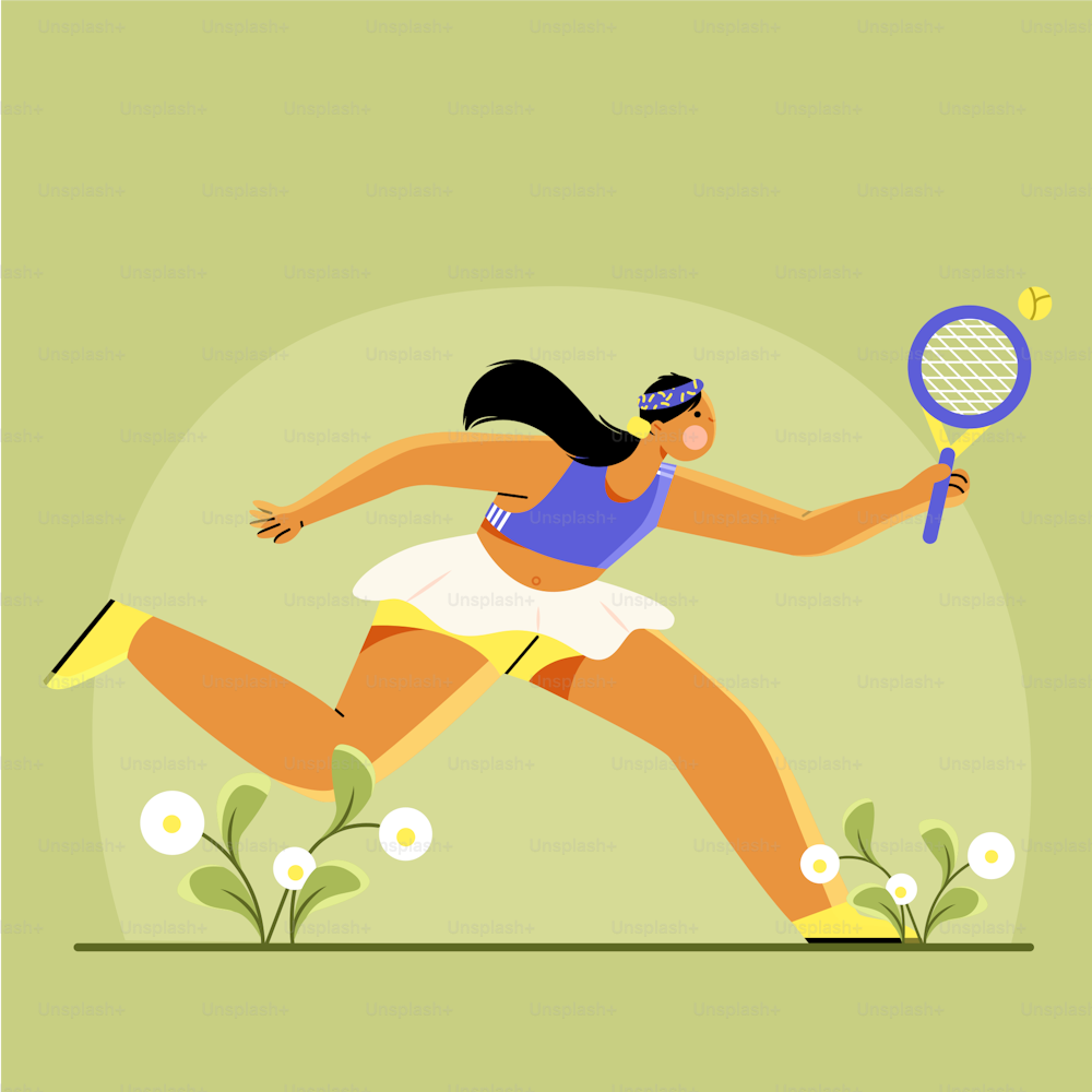테니스 라켓을 손에 들고 달리는 여성