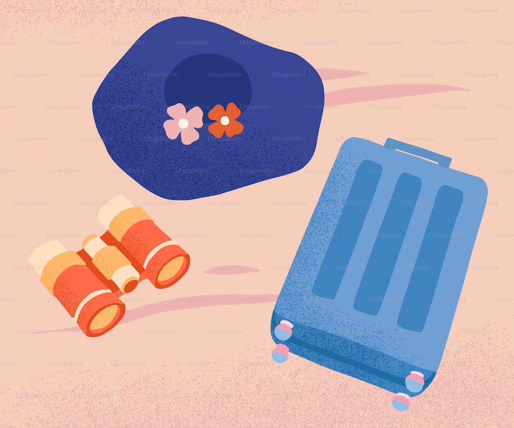 an illustration of a blue suitcase and a pair of orange boots