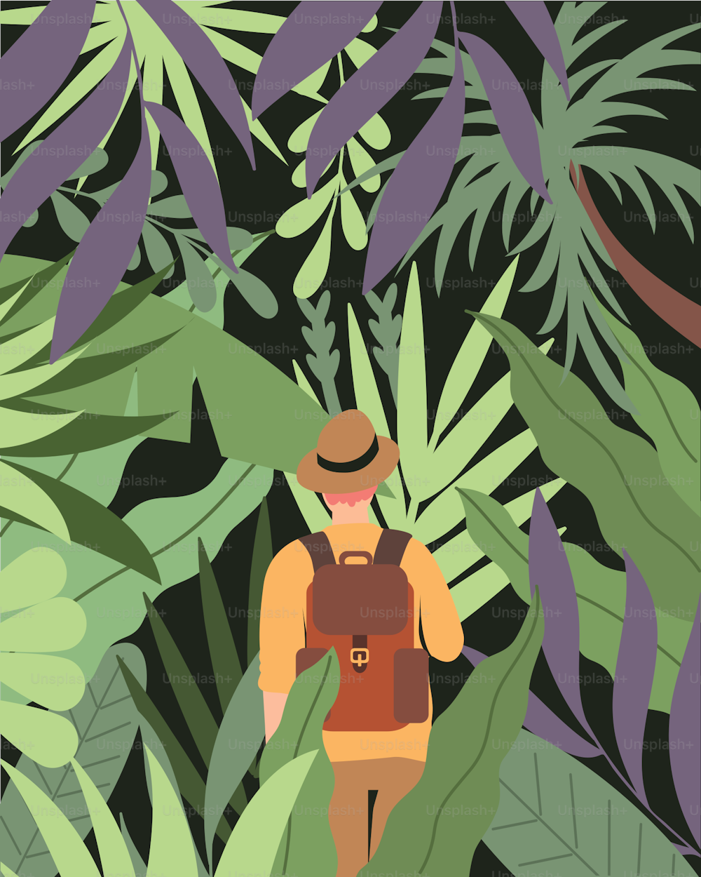 a man with a backpack walking through a jungle