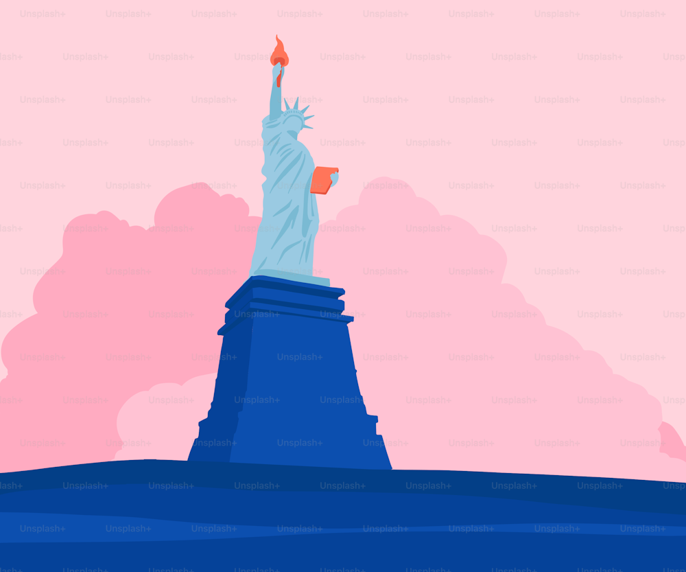 Ein Bild der Freiheitsstatue vor einem rosafarbenen Himmel