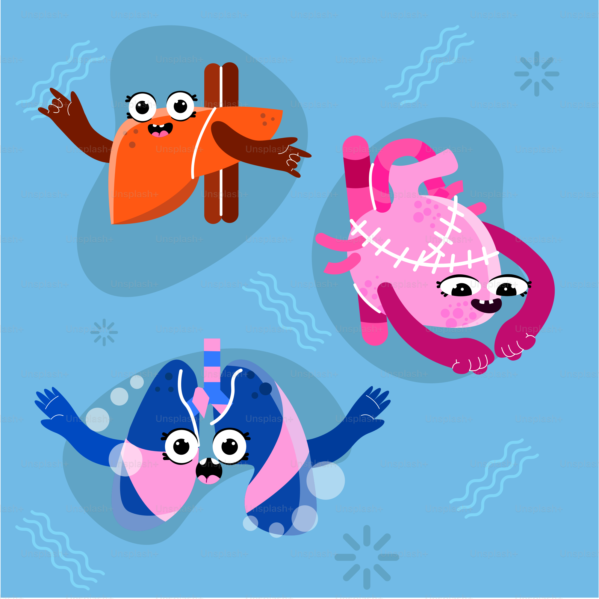 three cartoon characters floating in the water