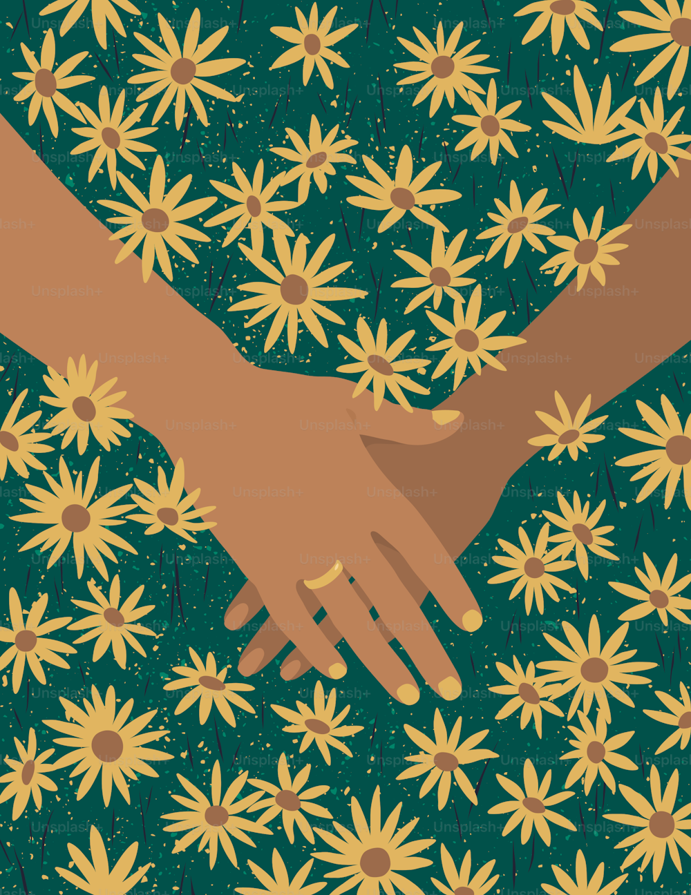 a couple of people holding hands over a field of flowers