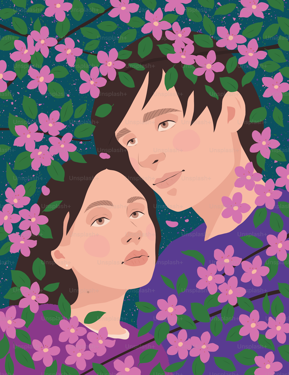 uma pintura de duas pessoas rodeadas de flores