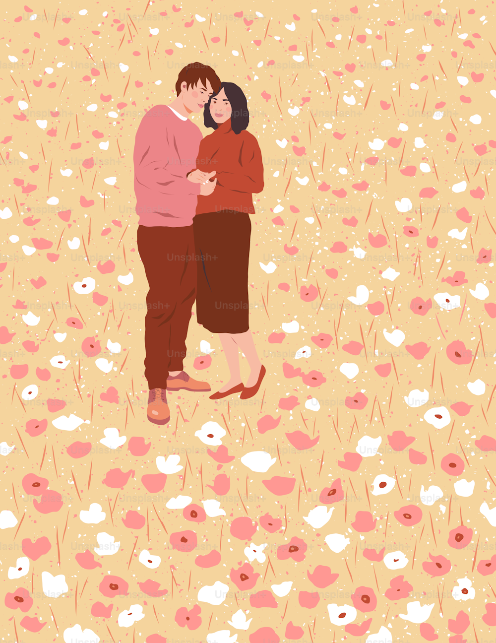 un homme et une femme debout dans un champ de fleurs