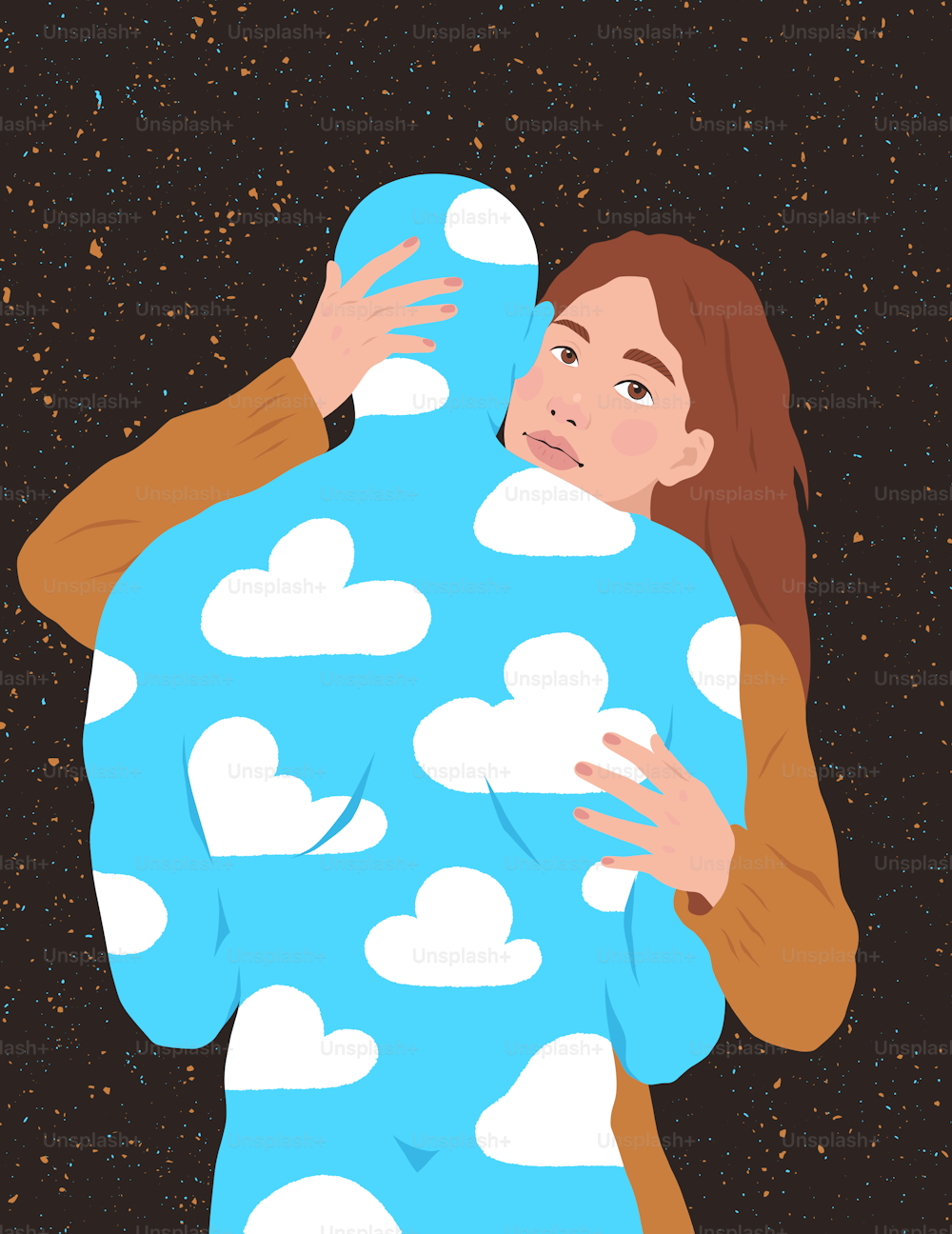a woman hugging a man with clouds all over her