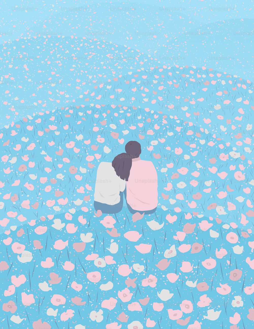 Dos personas sentadas en un campo de flores