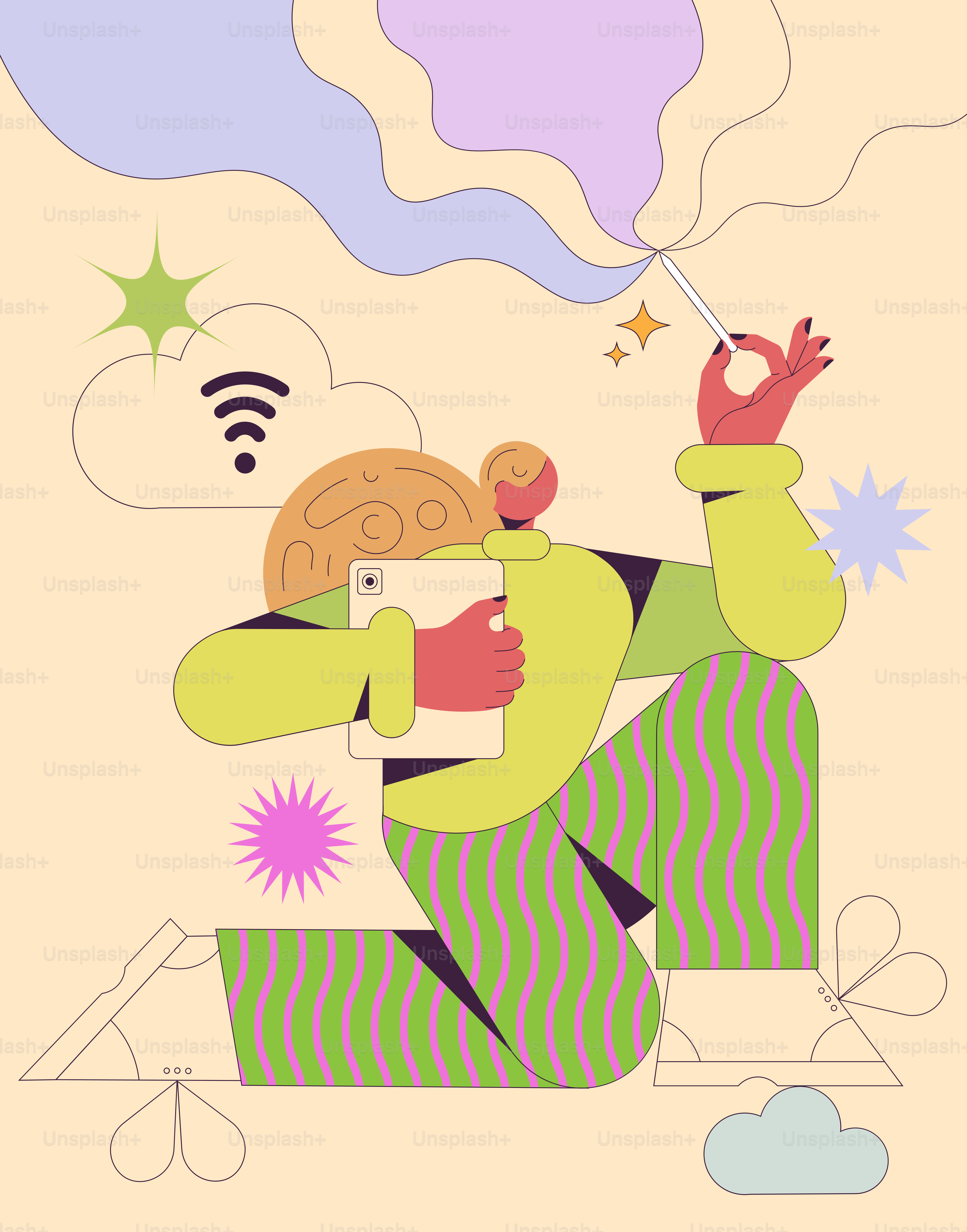 a drawing of a person holding a cell phone