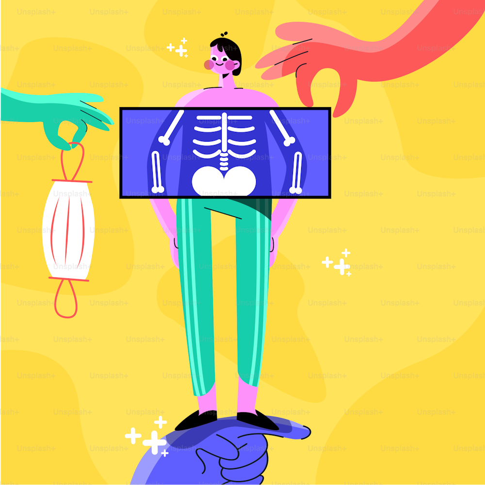 Un squelette tient une boîte sur laquelle se trouve un squelette humain