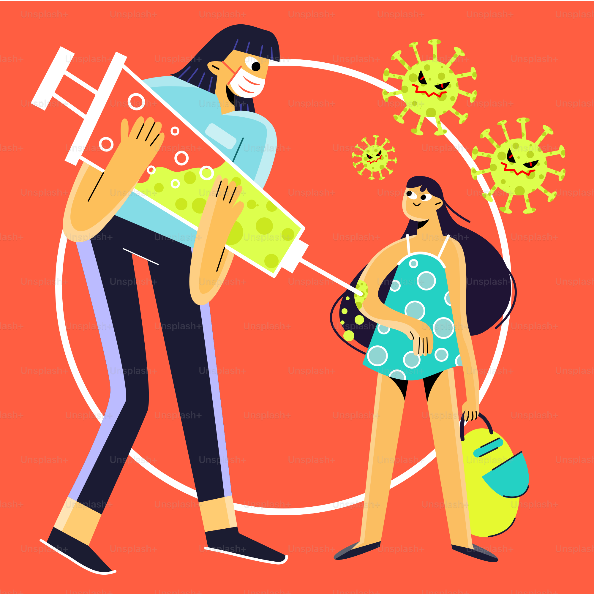 a woman in a bathing suit and a man in a blue shirt with a yellow