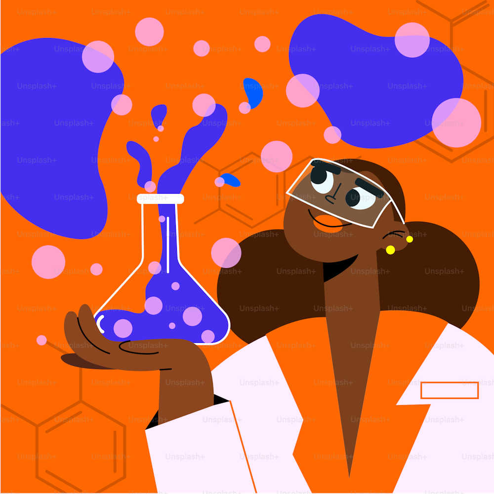 a woman in a lab coat holding a flask of liquid