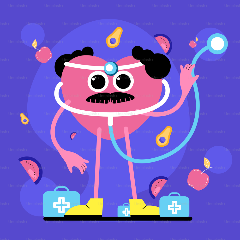 a cartoon character with a weird face holding a stethoscope