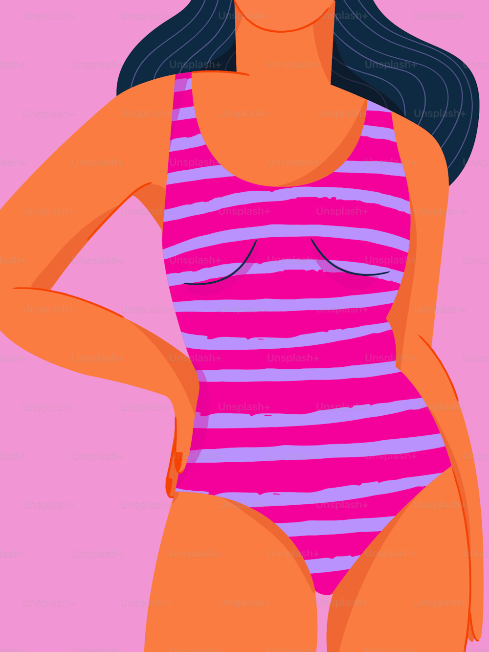 a woman in a pink and purple striped bathing suit