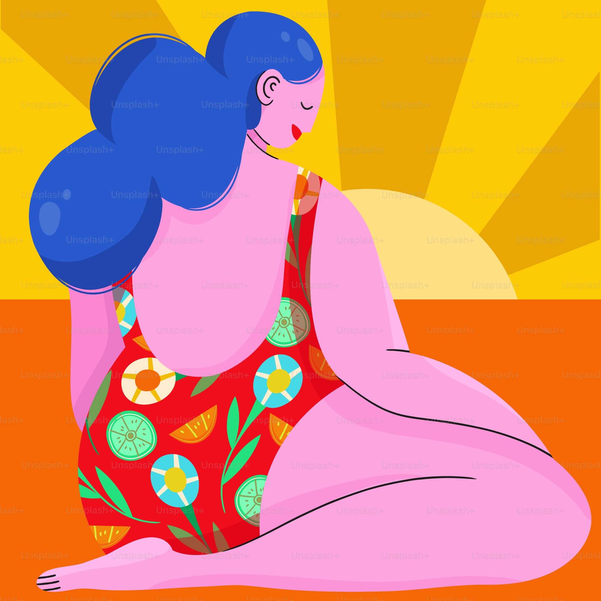 a woman with blue hair wearing a red swimsuit