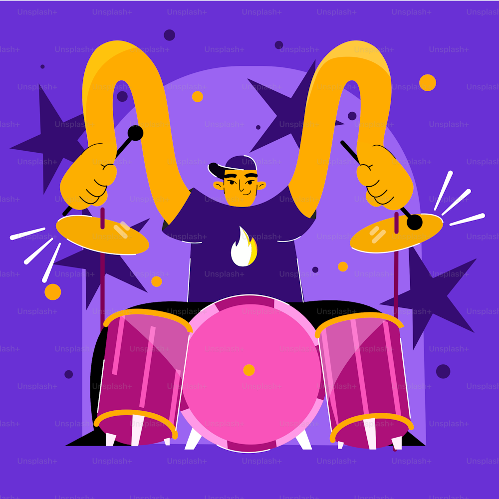 紫色の背景の上にドラムセットの後ろに座っている男性